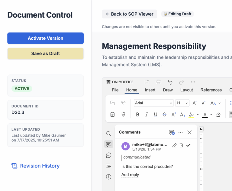 lab compliance management software showing document control and SOP tracking