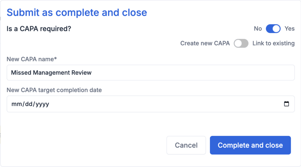 LabMODO nonconformity review. The approver determines impact, cause classification, and whether a CAPA is required in one review.